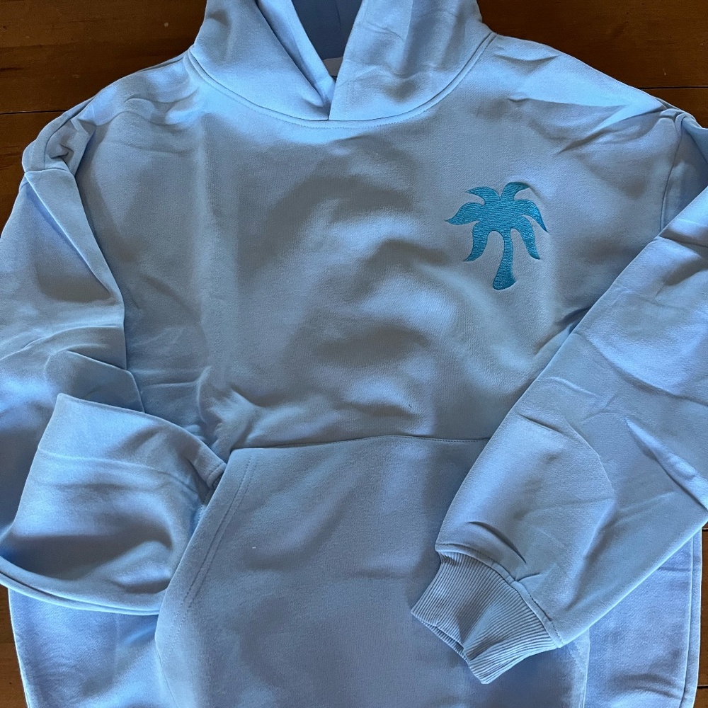 "Everything Comes in Waves" Pink Palm Puff Hoodie in Blue (Size M)